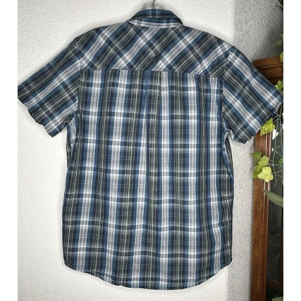 Prana Shirt Mens Medium Blue Plaid Button Up Camp Short Sleeve Hiking Outdoor